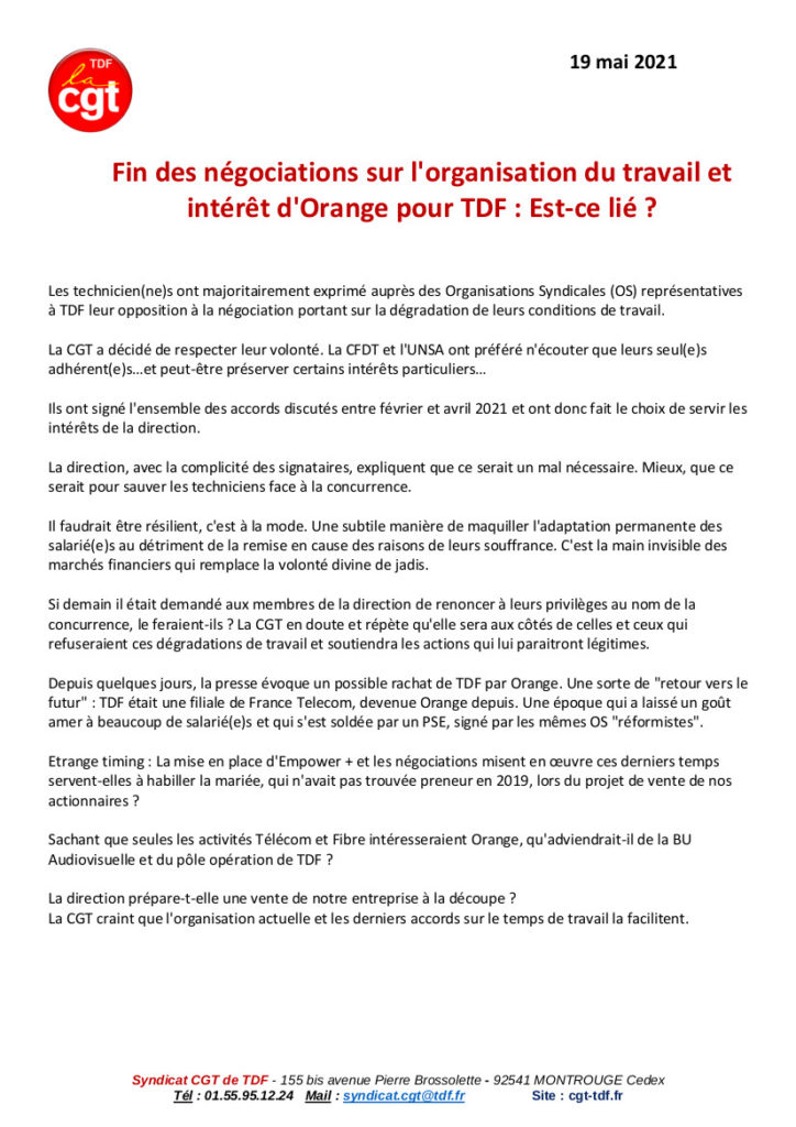 Lire la déclaration CGT au CSE du 19 avril 2021 Cgt tdf fr