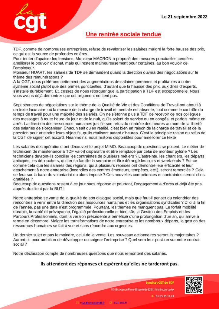 Lire La D Claration Cgt Au Cse Du Septembre Cgt Tdf Fr